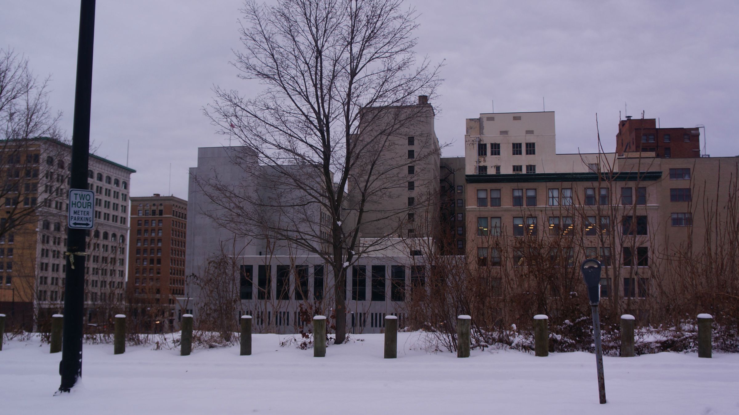 Winter downtown Youngstown, Ohio: brick and concrete buildings, bare trees, and snow.