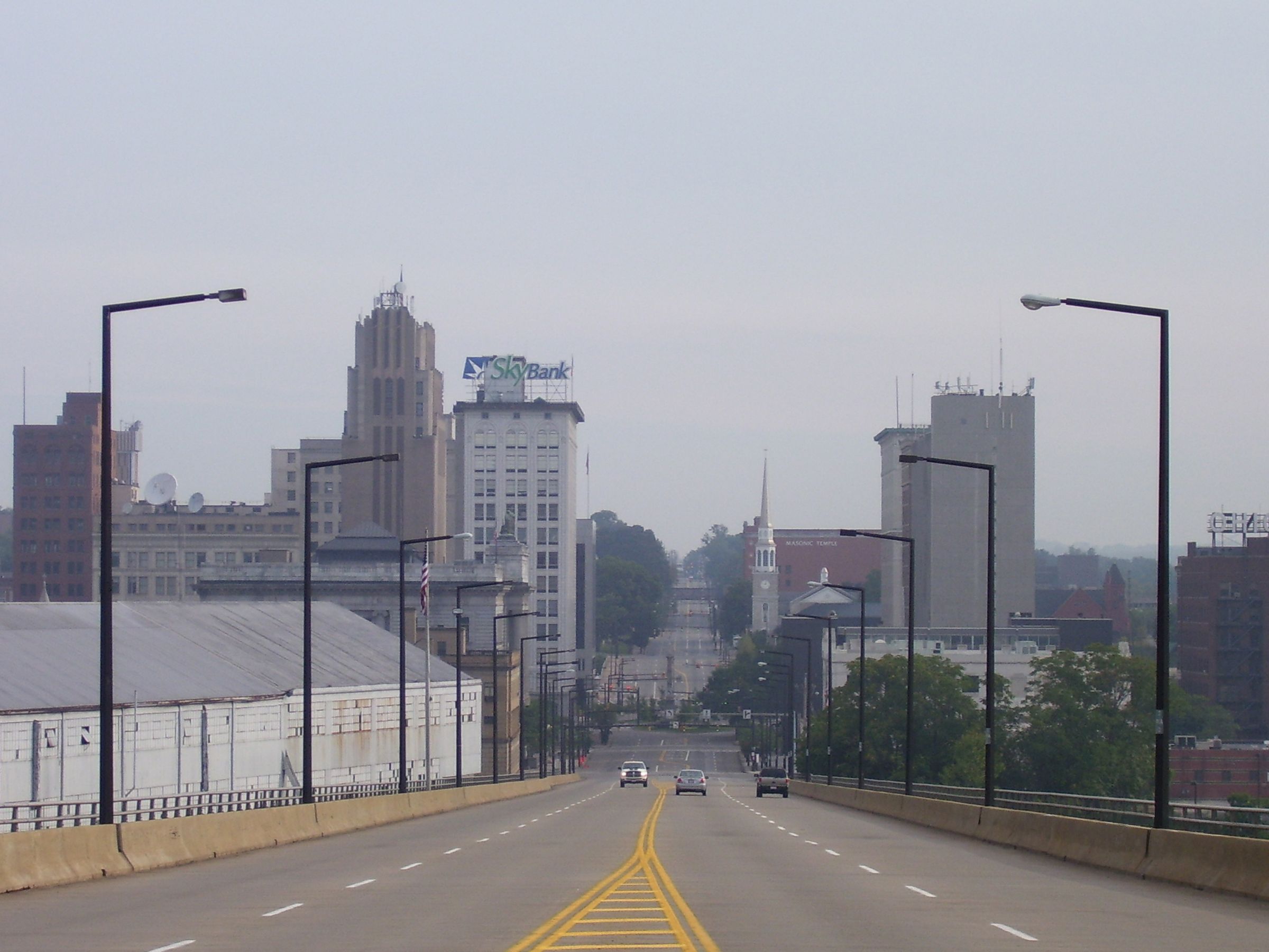 Looking along a bridge toward the downtown Youngstown skyline.